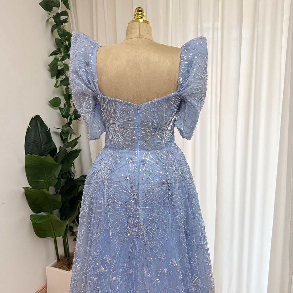 Luxury Beaded Formal Evening Gown Puff Sleeve Sweetheart A-Line Tulle Prom Dress Luxury Sparkly Long Party Dress for Wedding Guest Gala EV1728