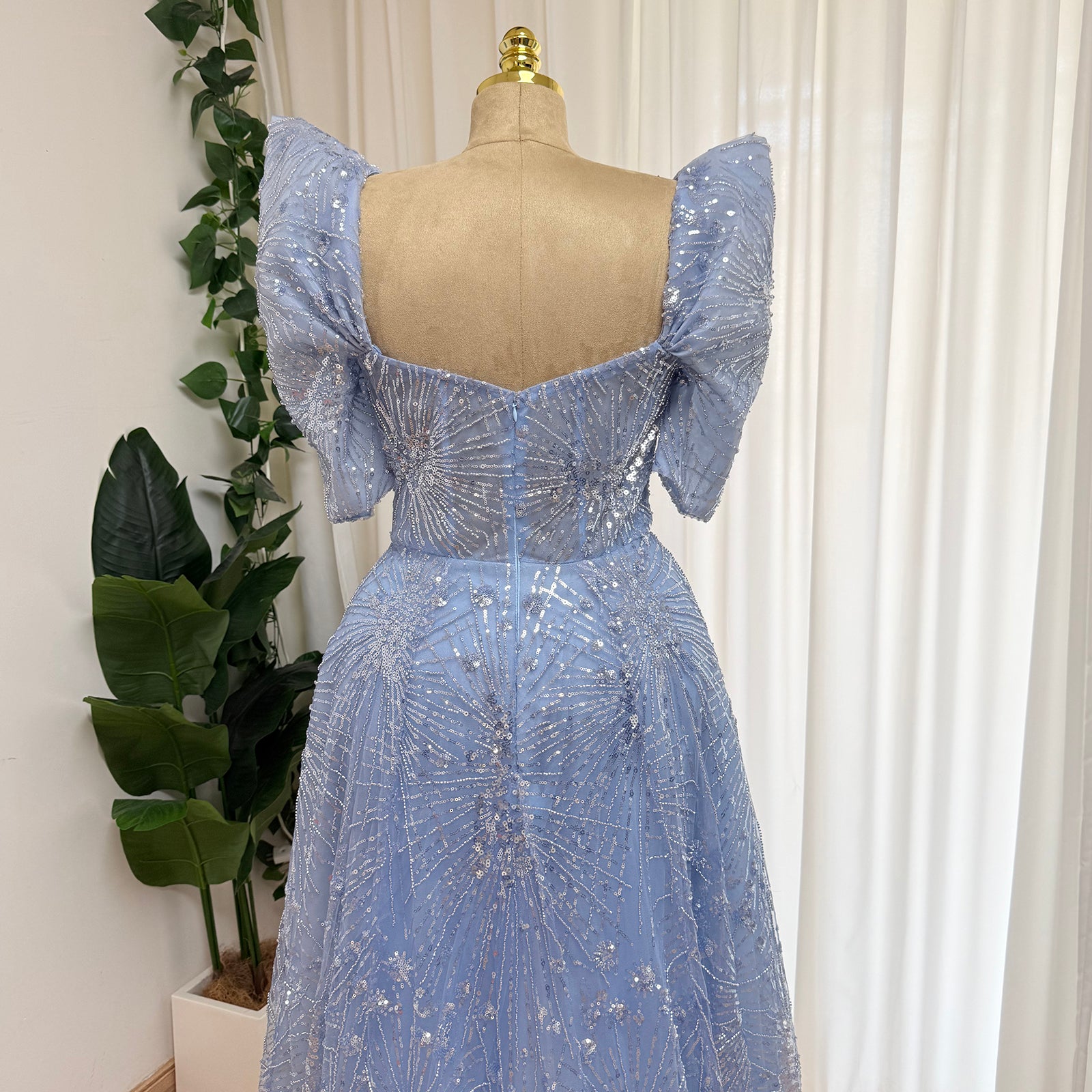 Luxury Beaded Formal Evening Gown Puff Sleeve Sweetheart A-Line Tulle Prom Dress Luxury Sparkly Long Party Dress for Wedding Guest Gala EV1728