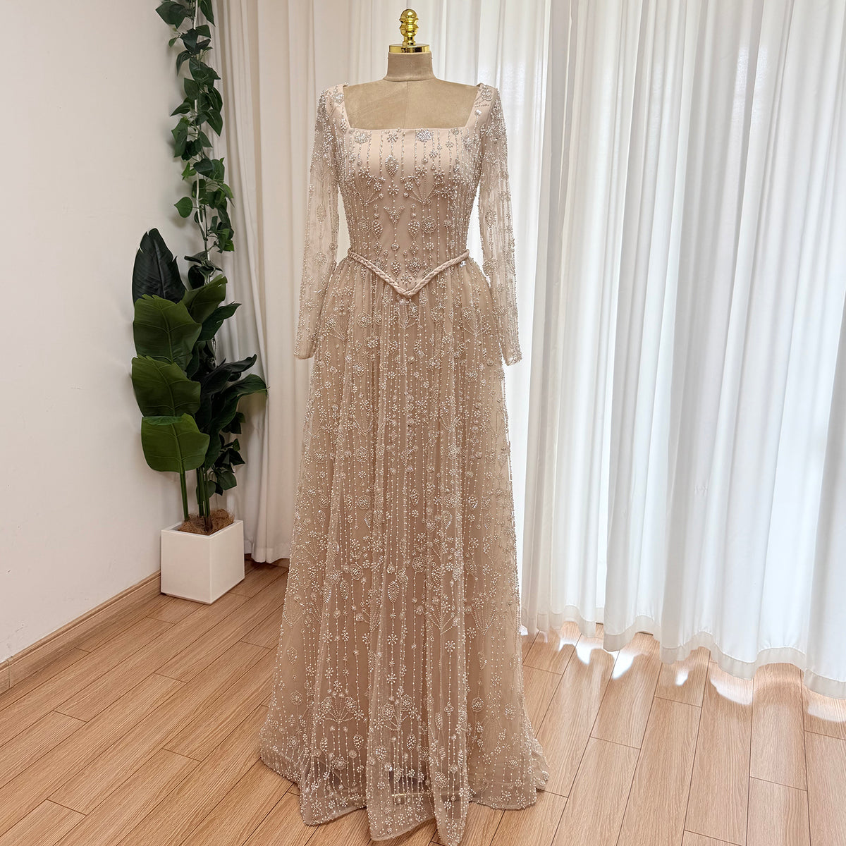 Champagne Square Neck Long Sleeve Beaded Evening Dress, Luxury Hand Embroidery A-Line Formal Gown, Modest Muslim Wedding Guest Dress EV1707