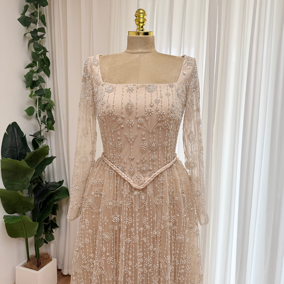 Champagne Square Neck Long Sleeve Beaded Evening Dress, Luxury Hand Embroidery A-Line Formal Gown, Modest Muslim Wedding Guest Dress EV1707