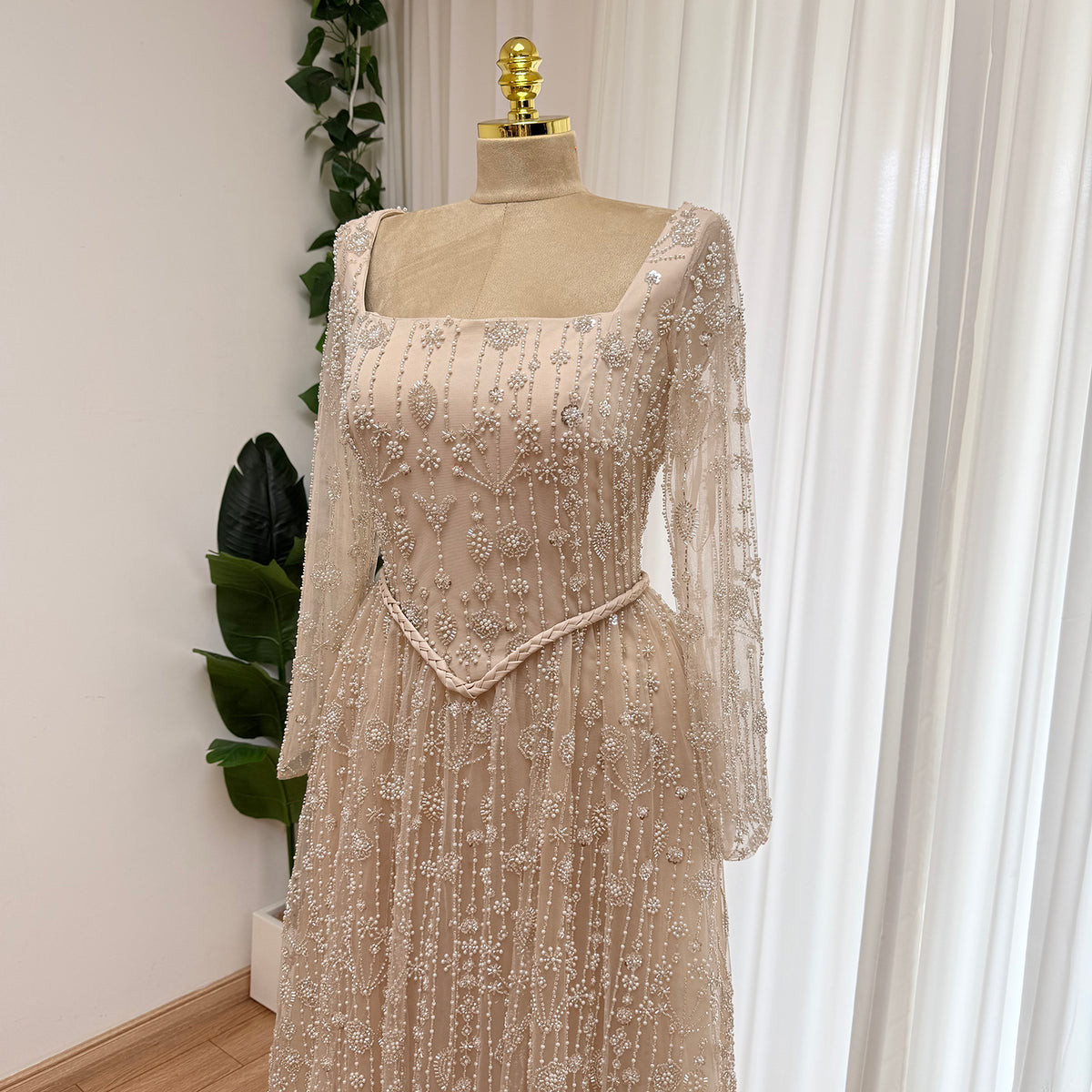 Champagne Square Neck Long Sleeve Beaded Evening Dress, Luxury Hand Embroidery A-Line Formal Gown, Modest Muslim Wedding Guest Dress EV1707