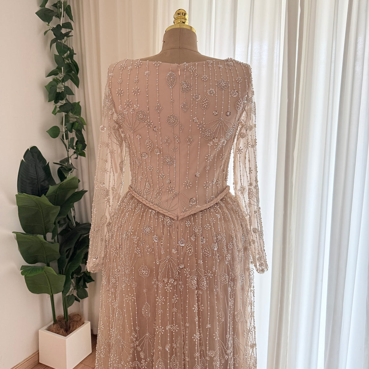 Champagne Square Neck Long Sleeve Beaded Evening Dress, Luxury Hand Embroidery A-Line Formal Gown, Modest Muslim Wedding Guest Dress EV1707