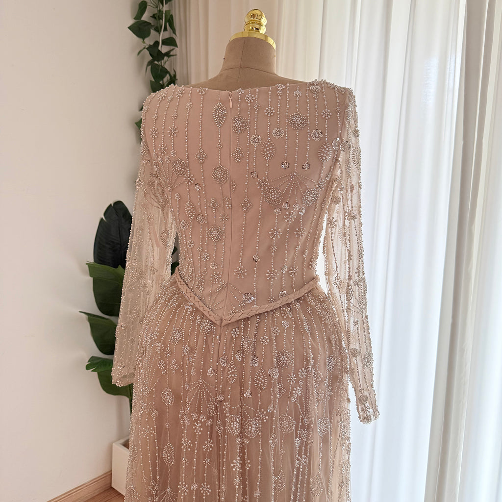 Champagne Square Neck Long Sleeve Beaded Evening Dress, Luxury Hand Embroidery A-Line Formal Gown, Modest Muslim Wedding Guest Dress EV1707