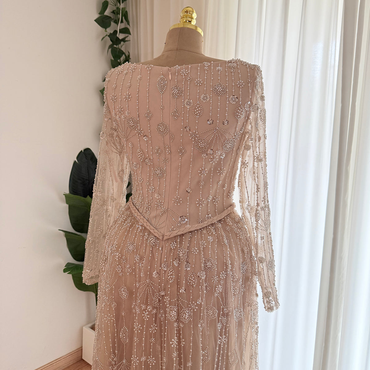 Champagne Square Neck Long Sleeve Beaded Evening Dress, Luxury Hand Embroidery A-Line Formal Gown, Modest Muslim Wedding Guest Dress EV1707