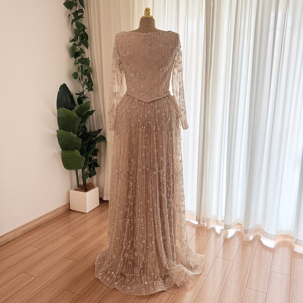 Champagne Square Neck Long Sleeve Beaded Evening Dress, Luxury Hand Embroidery A-Line Formal Gown, Modest Muslim Wedding Guest Dress EV1707