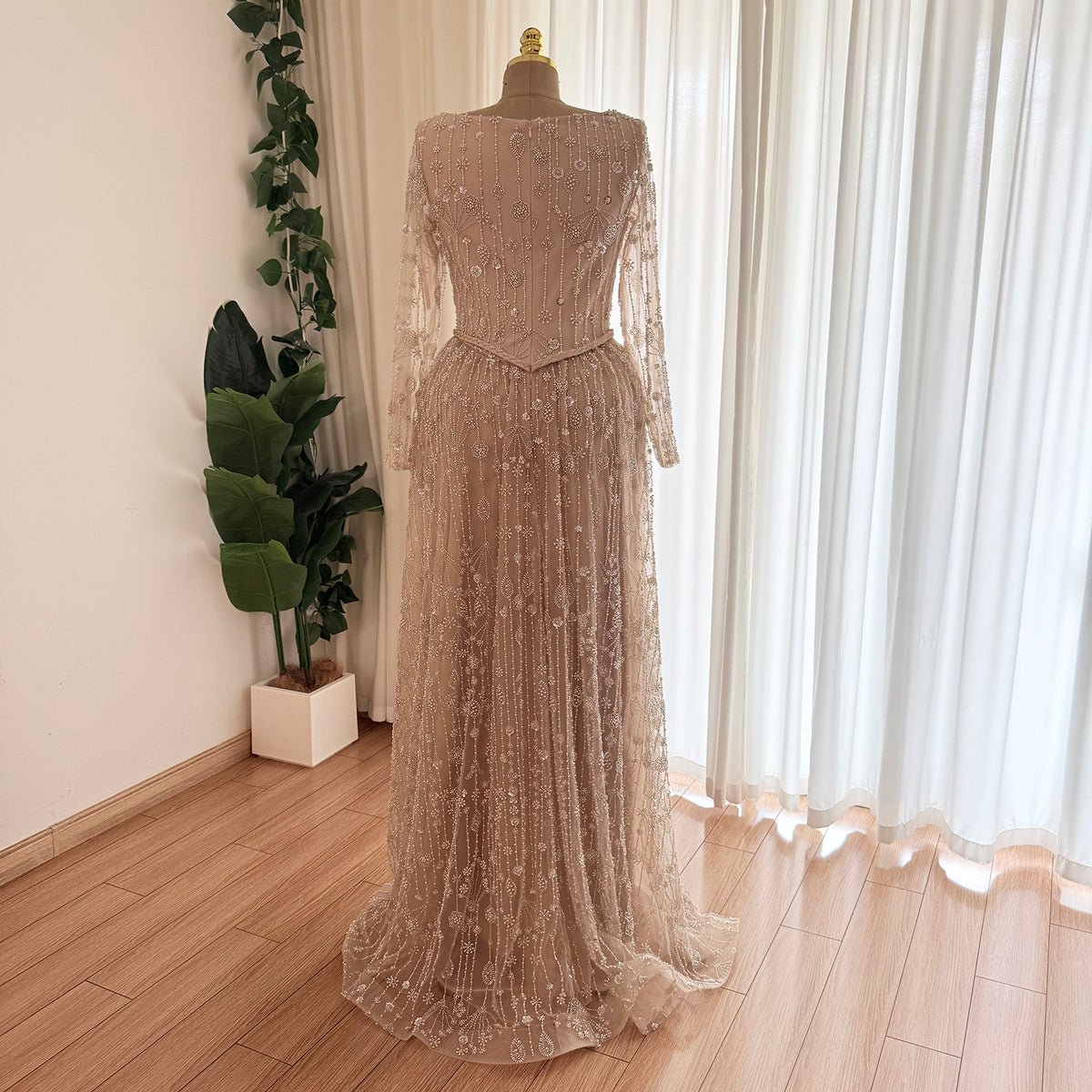 Champagne Square Neck Long Sleeve Beaded Evening Dress, Luxury Hand Embroidery A-Line Formal Gown, Modest Muslim Wedding Guest Dress EV1707