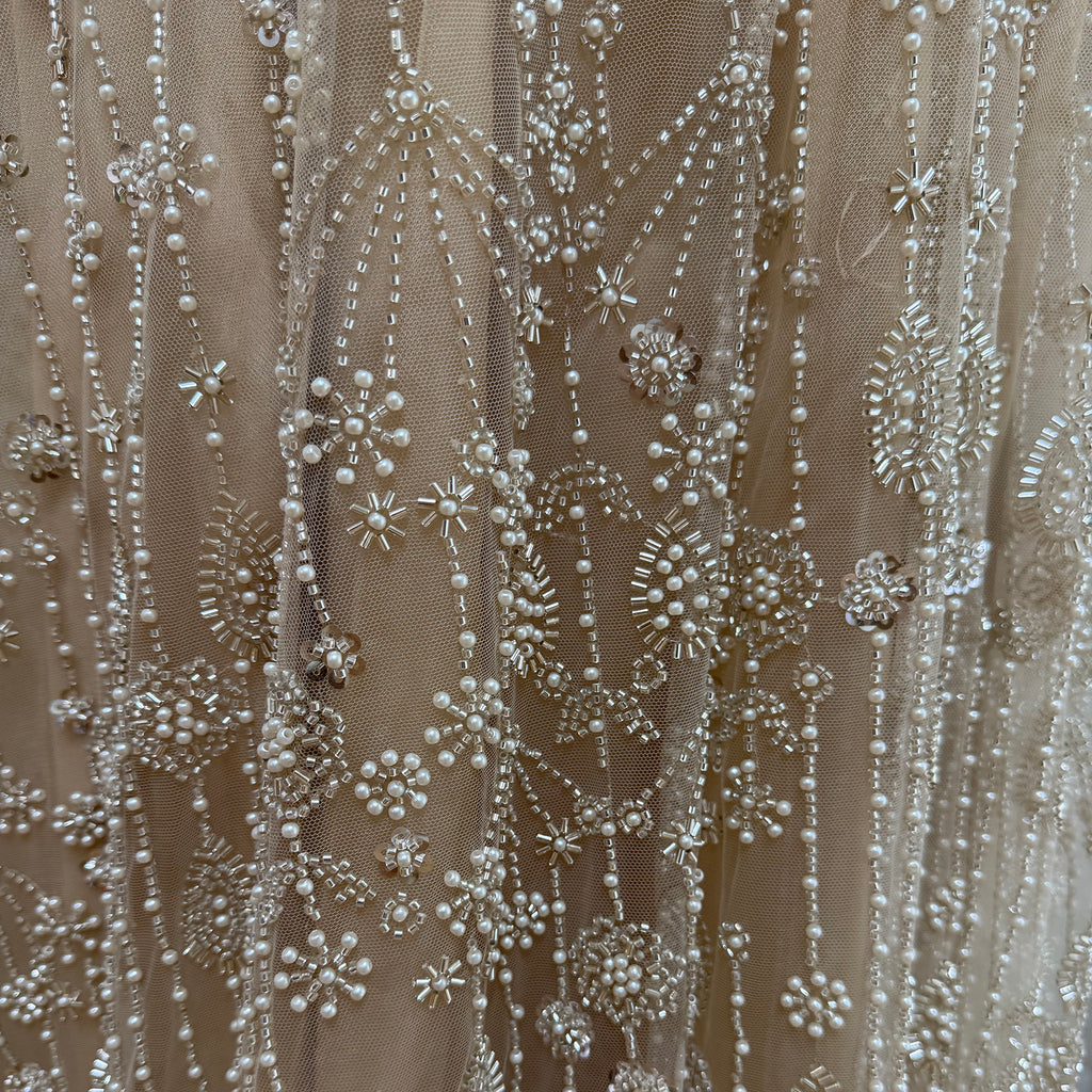 Champagne Square Neck Long Sleeve Beaded Evening Dress, Luxury Hand Embroidery A-Line Formal Gown, Modest Muslim Wedding Guest Dress EV1707