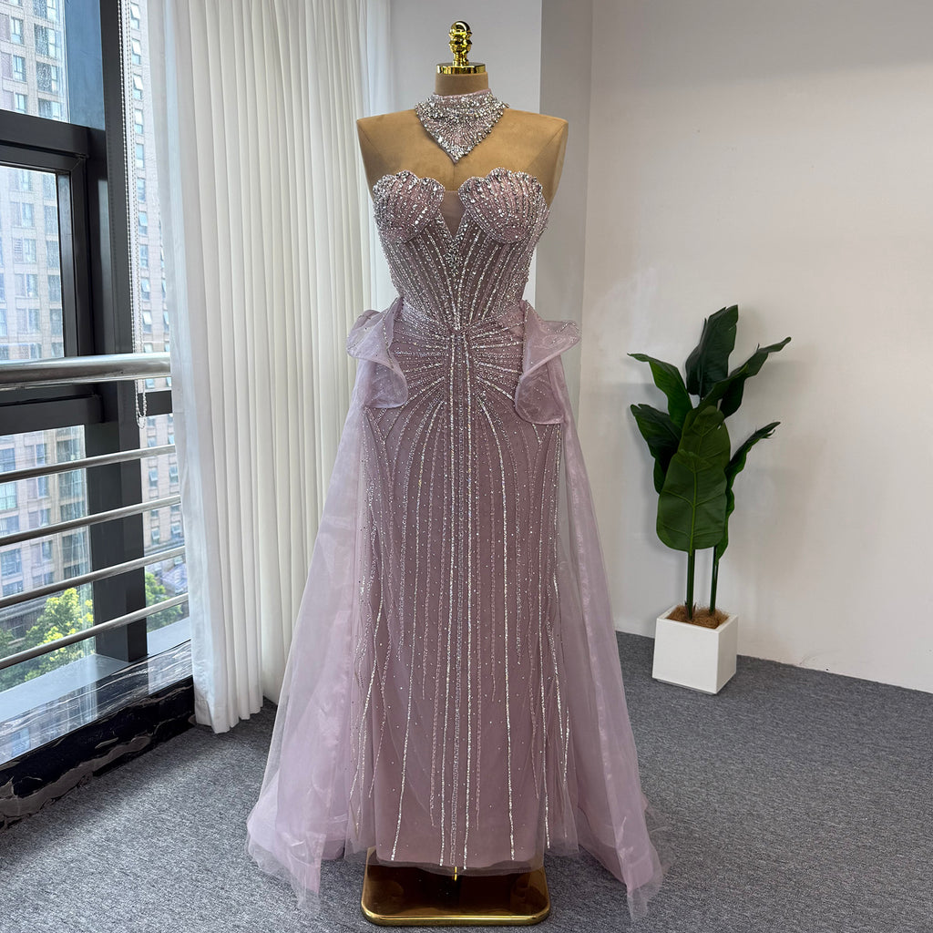 Luxury Pink Beaded Mermaid Evening Gown Detachable Tulle Overskirt Crystal Choker Neck Formal Dress Arabic Wedding Party Gown EV1801