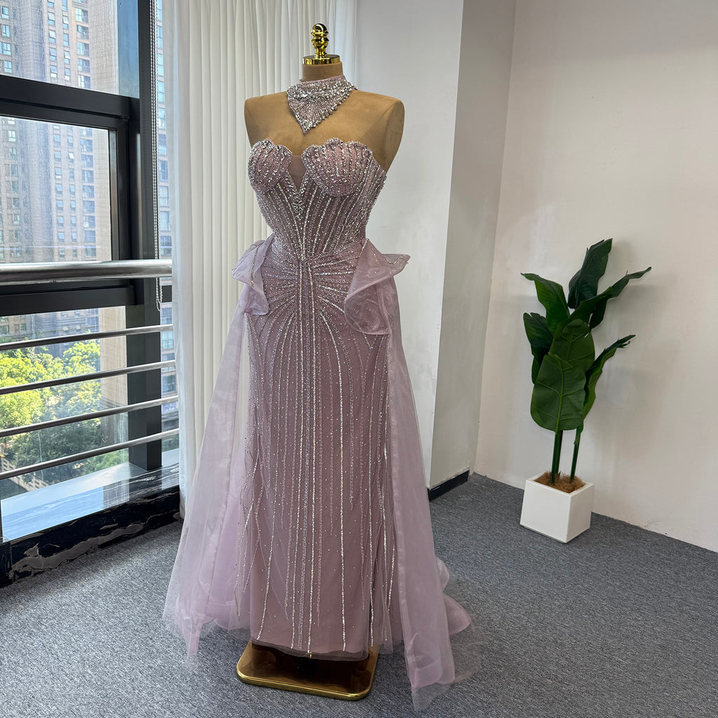Luxury Pink Beaded Mermaid Evening Gown Detachable Tulle Overskirt Crystal Choker Neck Formal Dress Arabic Wedding Party Gown EV1801