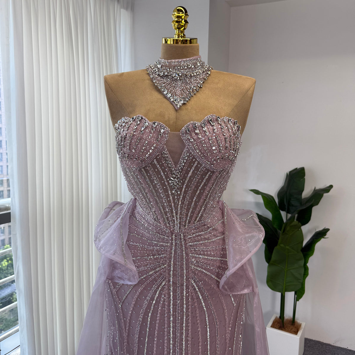 Luxury Pink Beaded Mermaid Evening Gown Detachable Tulle Overskirt Crystal Choker Neck Formal Dress Arabic Wedding Party Gown EV1801