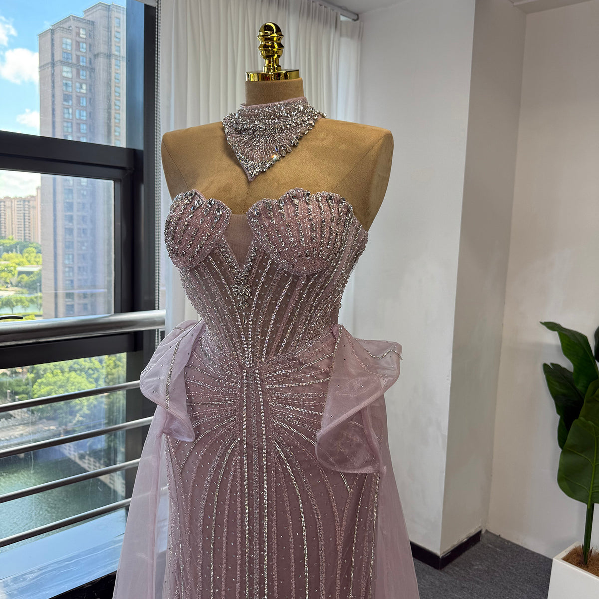 Luxury Pink Beaded Mermaid Evening Gown Detachable Tulle Overskirt Crystal Choker Neck Formal Dress Arabic Wedding Party Gown EV1801