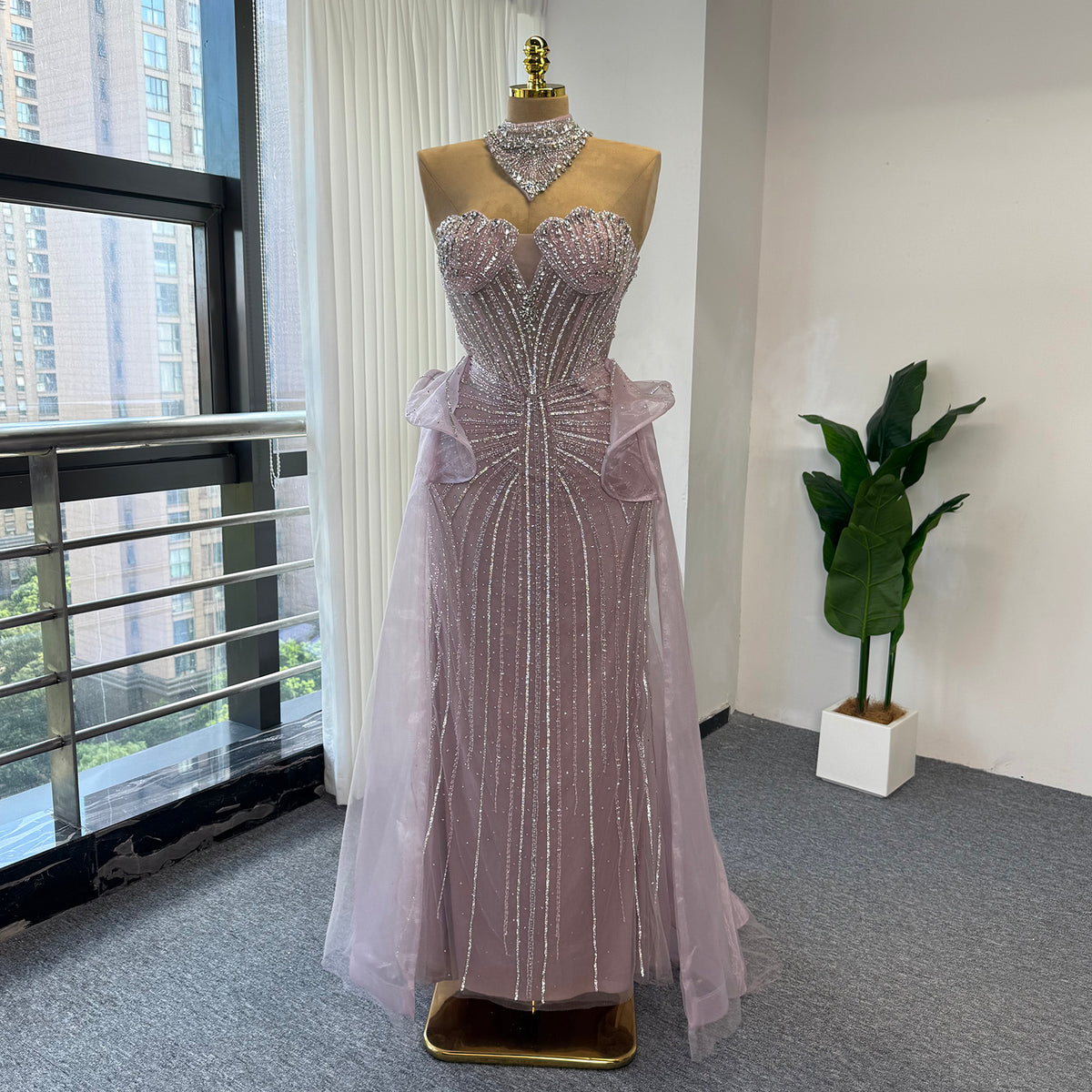 Luxury Pink Beaded Mermaid Evening Gown Detachable Tulle Overskirt Crystal Choker Neck Formal Dress Arabic Wedding Party Gown EV1801