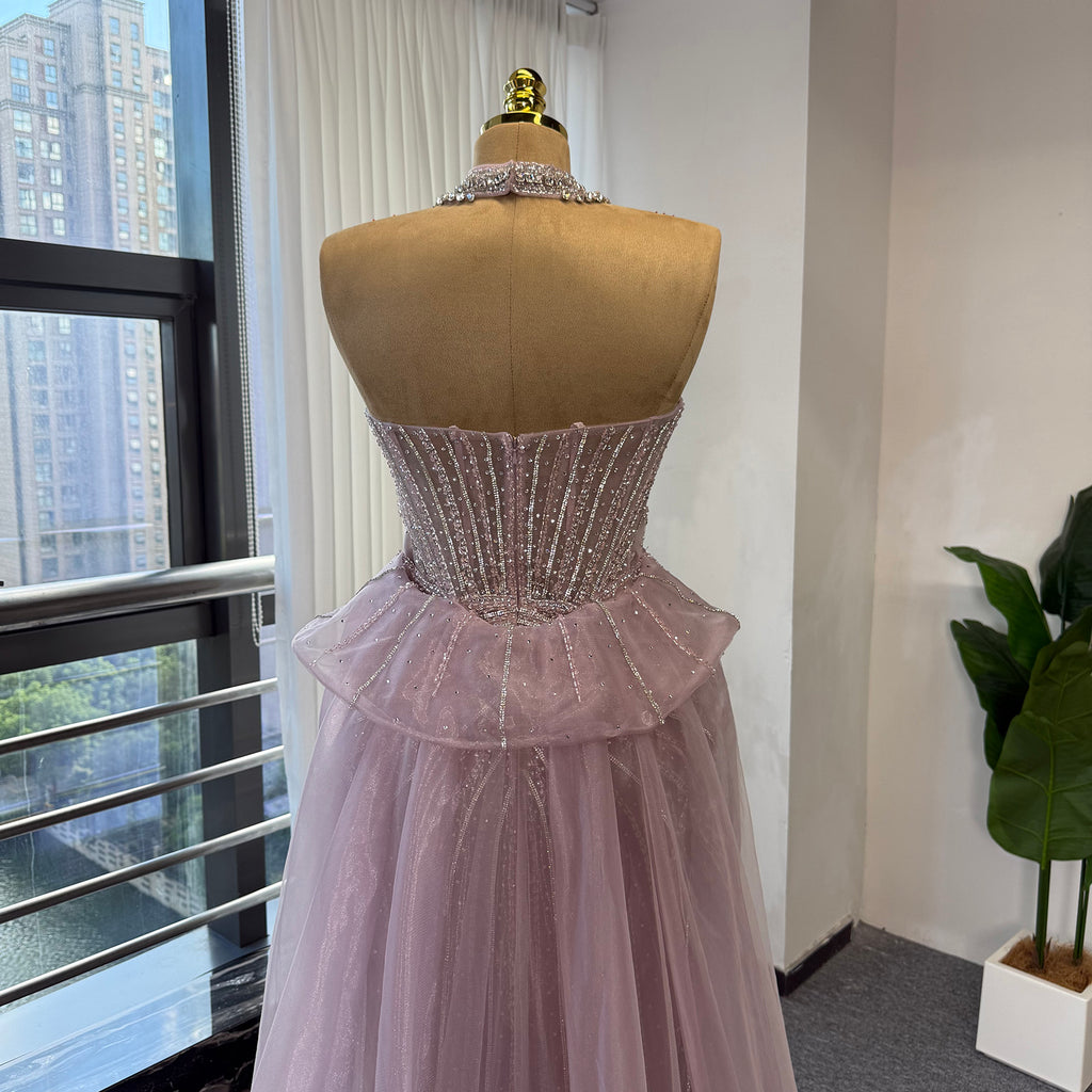 Luxury Pink Beaded Mermaid Evening Gown Detachable Tulle Overskirt Crystal Choker Neck Formal Dress Arabic Wedding Party Gown EV1801