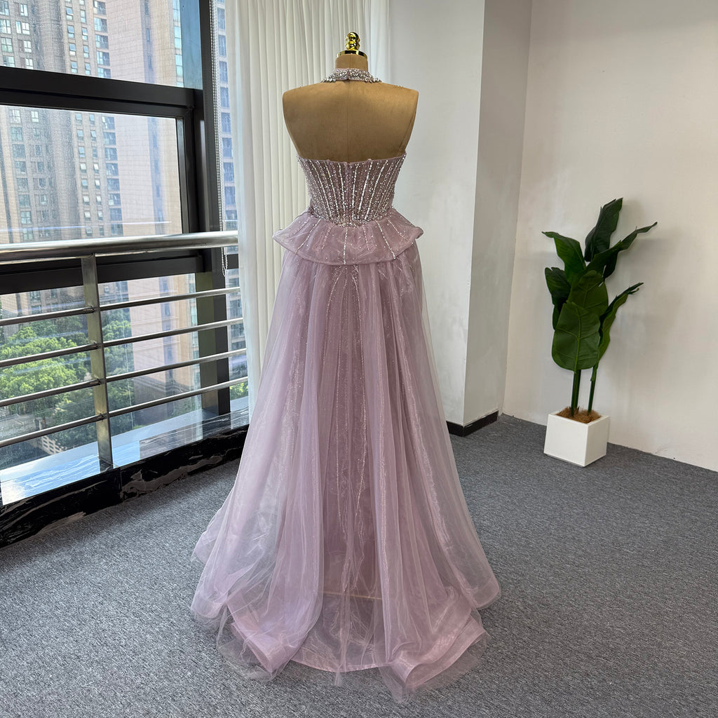 Luxury Pink Beaded Mermaid Evening Gown Detachable Tulle Overskirt Crystal Choker Neck Formal Dress Arabic Wedding Party Gown EV1801