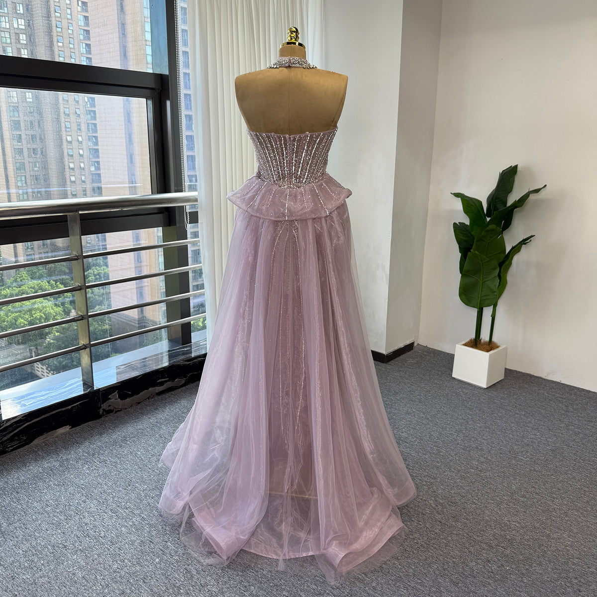 Luxury Pink Beaded Mermaid Evening Gown Detachable Tulle Overskirt Crystal Choker Neck Formal Dress Arabic Wedding Party Gown EV1801