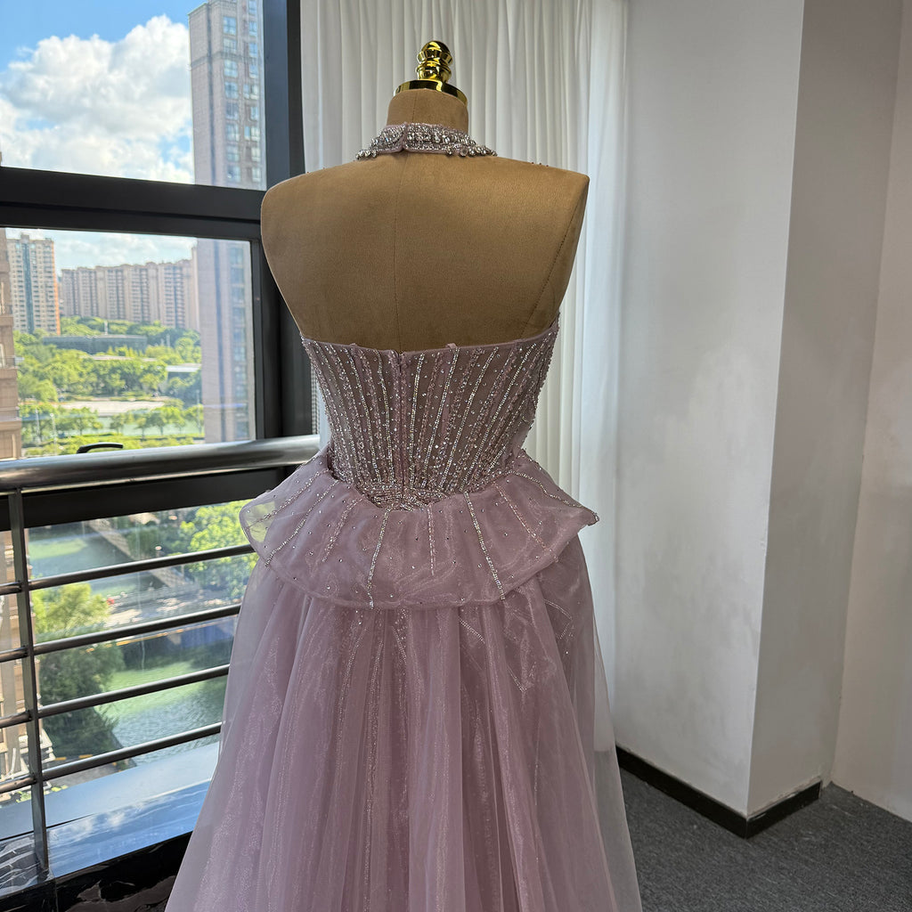 Luxury Pink Beaded Mermaid Evening Gown Detachable Tulle Overskirt Crystal Choker Neck Formal Dress Arabic Wedding Party Gown EV1801