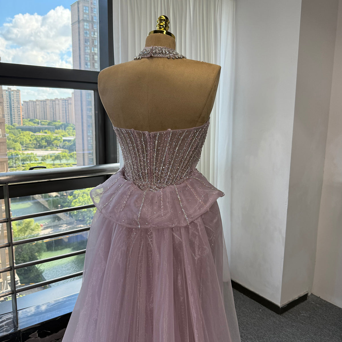 Luxury Pink Beaded Mermaid Evening Gown Detachable Tulle Overskirt Crystal Choker Neck Formal Dress Arabic Wedding Party Gown EV1801