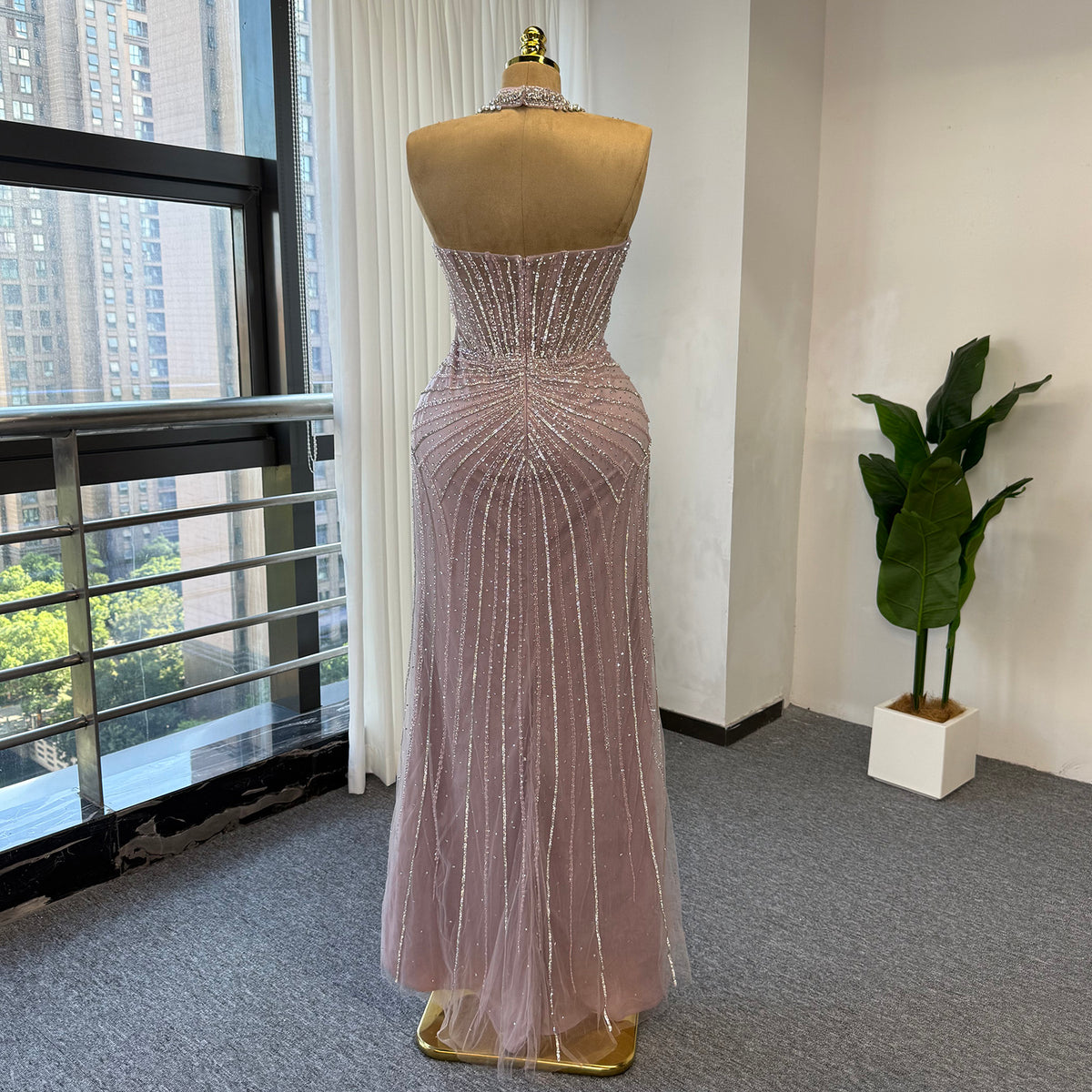 Luxury Pink Beaded Mermaid Evening Gown Detachable Tulle Overskirt Crystal Choker Neck Formal Dress Arabic Wedding Party Gown EV1801