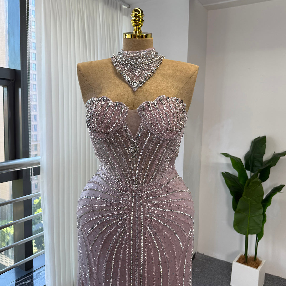 Luxury Pink Beaded Mermaid Evening Gown Detachable Tulle Overskirt Crystal Choker Neck Formal Dress Arabic Wedding Party Gown EV1801