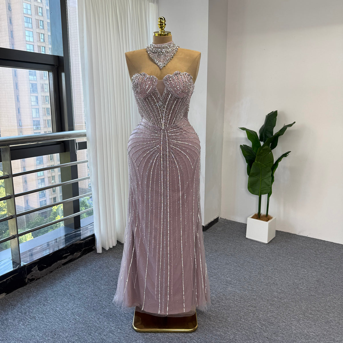 Luxury Pink Beaded Mermaid Evening Gown Detachable Tulle Overskirt Crystal Choker Neck Formal Dress Arabic Wedding Party Gown EV1801