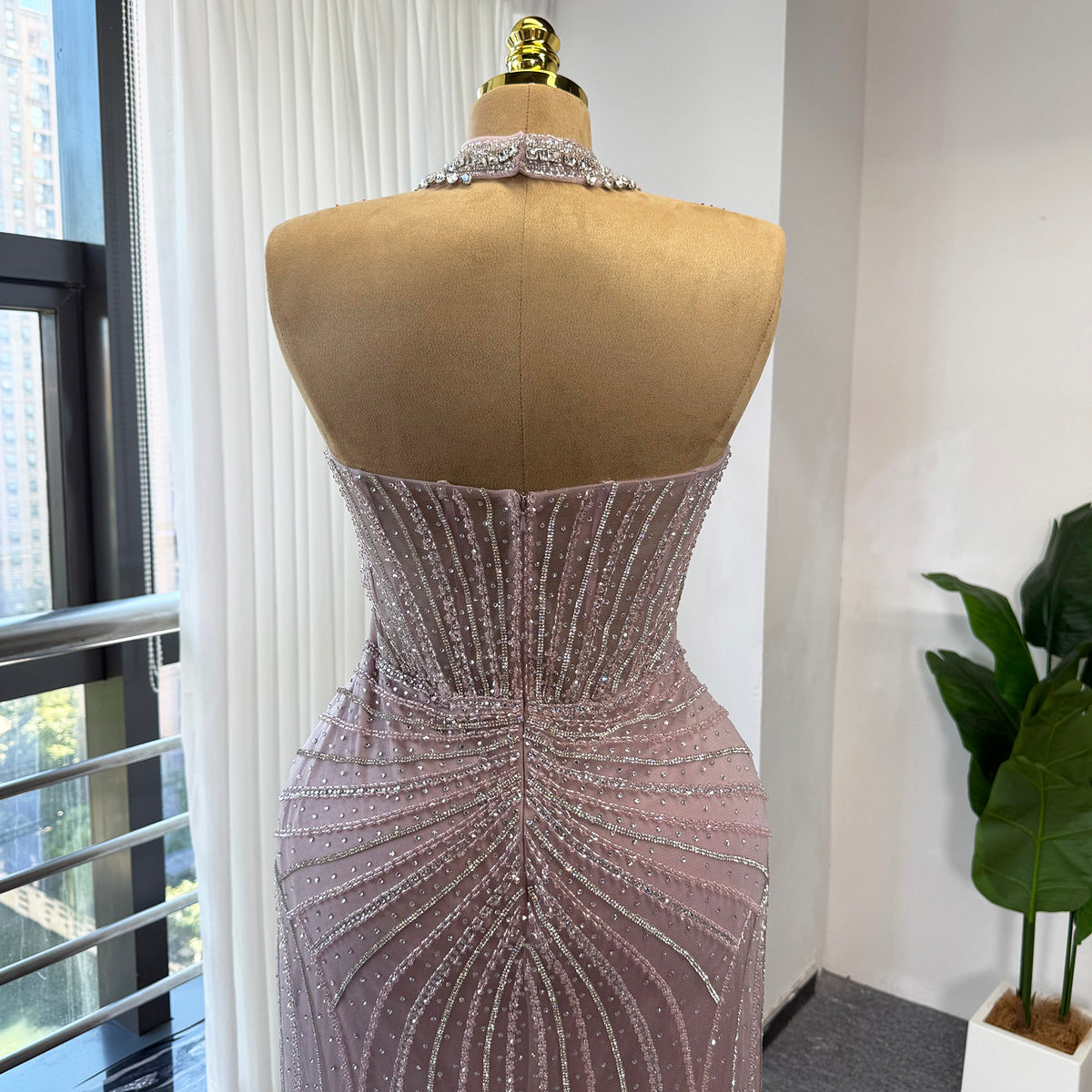 Luxury Pink Beaded Mermaid Evening Gown Detachable Tulle Overskirt Crystal Choker Neck Formal Dress Arabic Wedding Party Gown EV1801
