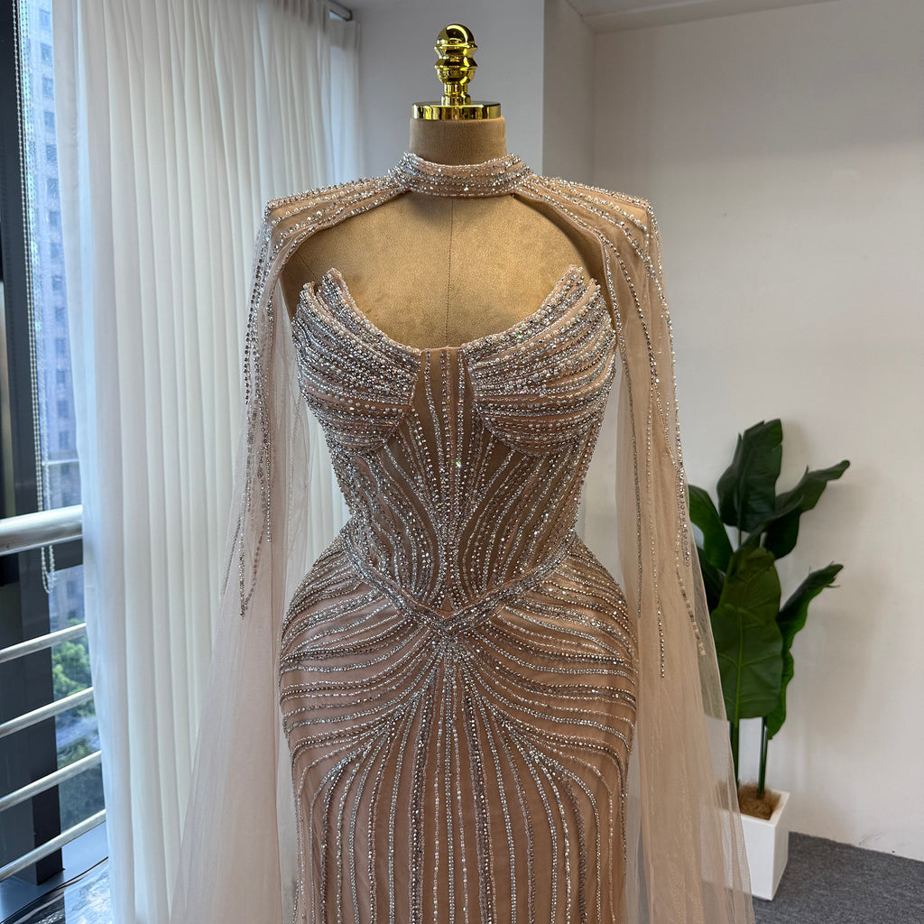 Luxury Rhinestone Mermaid Evening Dress Champagne High Neck Beaded Handmade Formal Gown With Sheer Tulle Cape For Arabic Wedding EV1802