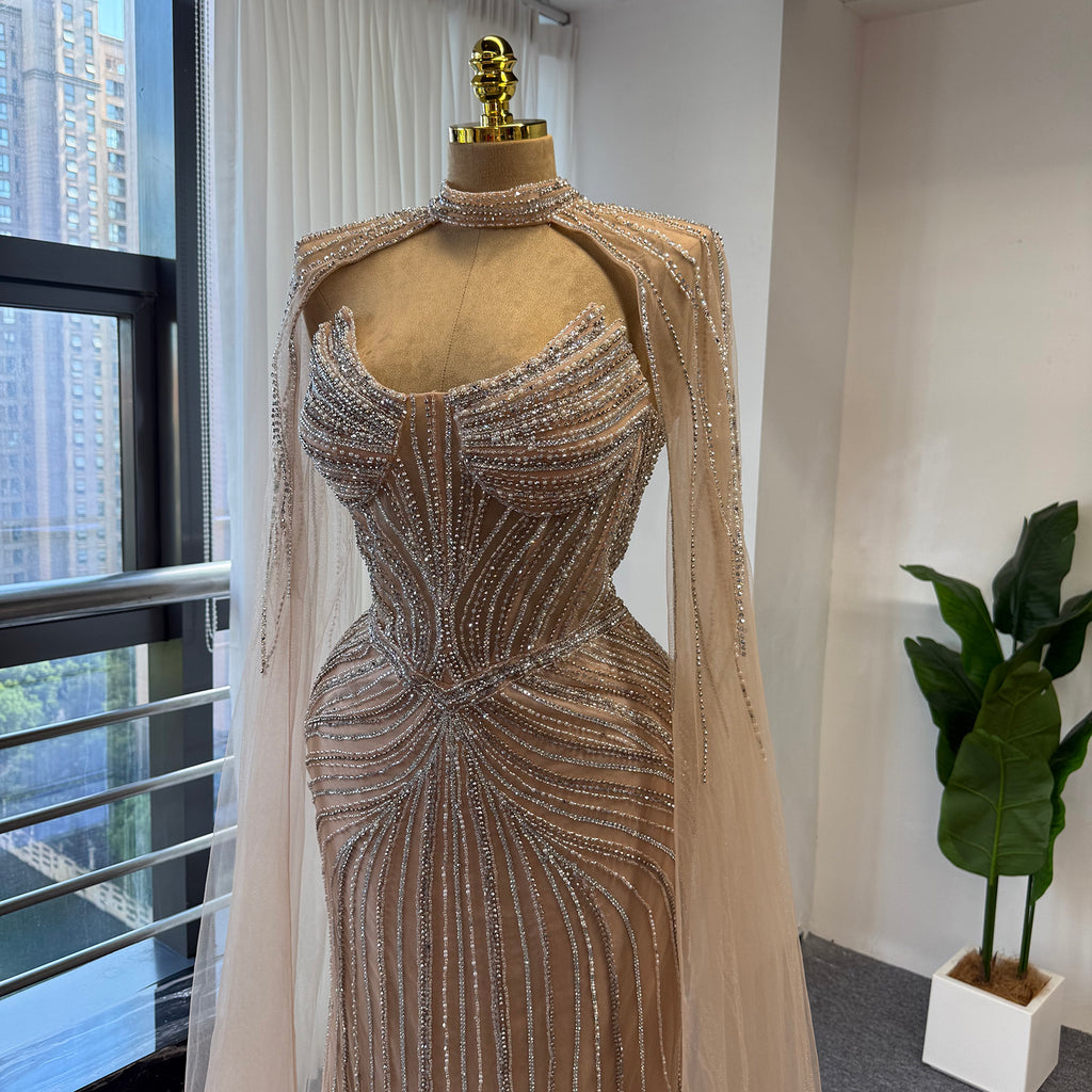 Luxury Rhinestone Mermaid Evening Dress Champagne High Neck Beaded Handmade Formal Gown With Sheer Tulle Cape For Arabic Wedding EV1802