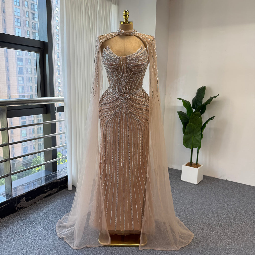 Luxury Rhinestone Mermaid Evening Dress Champagne High Neck Beaded Handmade Formal Gown With Sheer Tulle Cape For Arabic Wedding EV1802