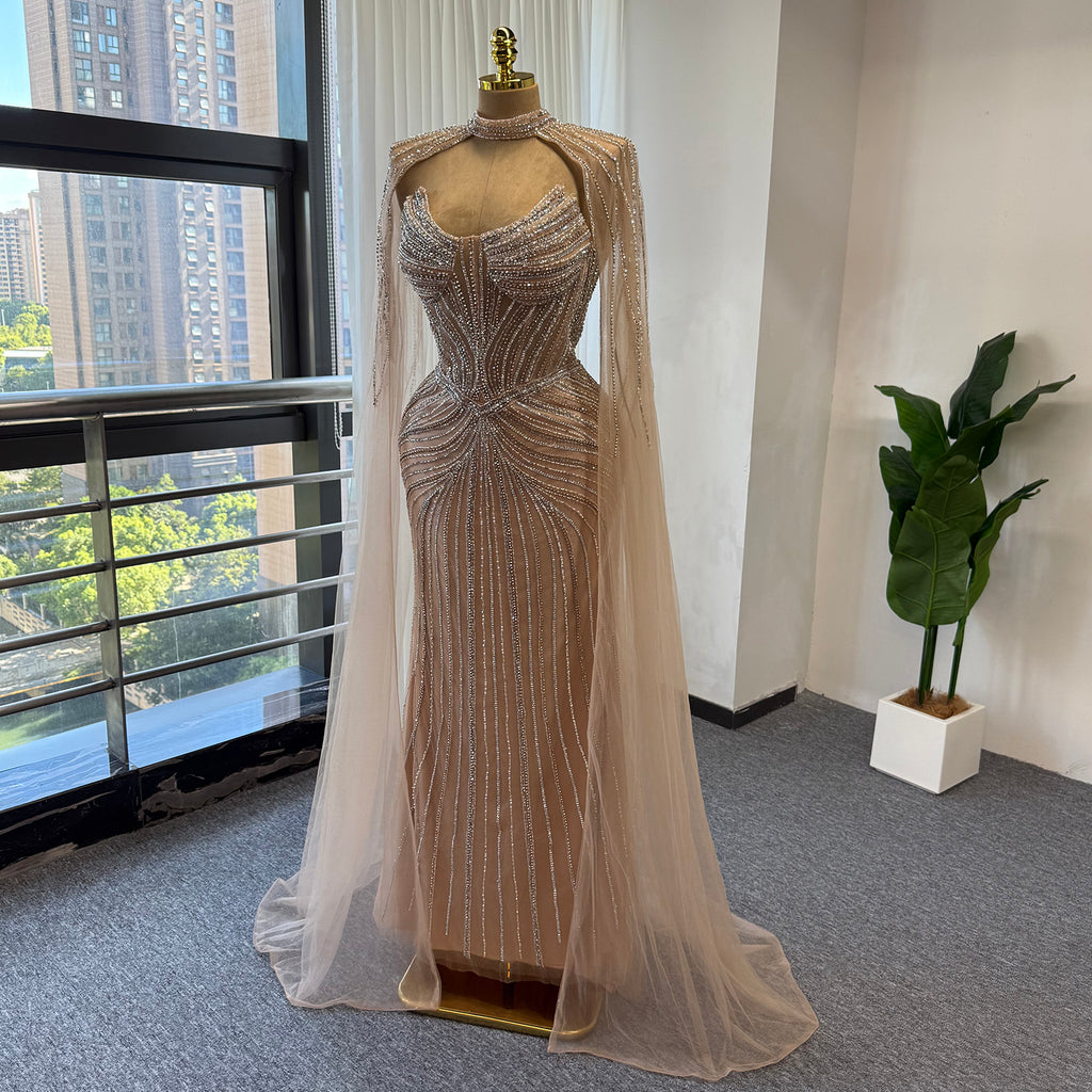 Luxury Rhinestone Mermaid Evening Dress Champagne High Neck Beaded Handmade Formal Gown With Sheer Tulle Cape For Arabic Wedding EV1802