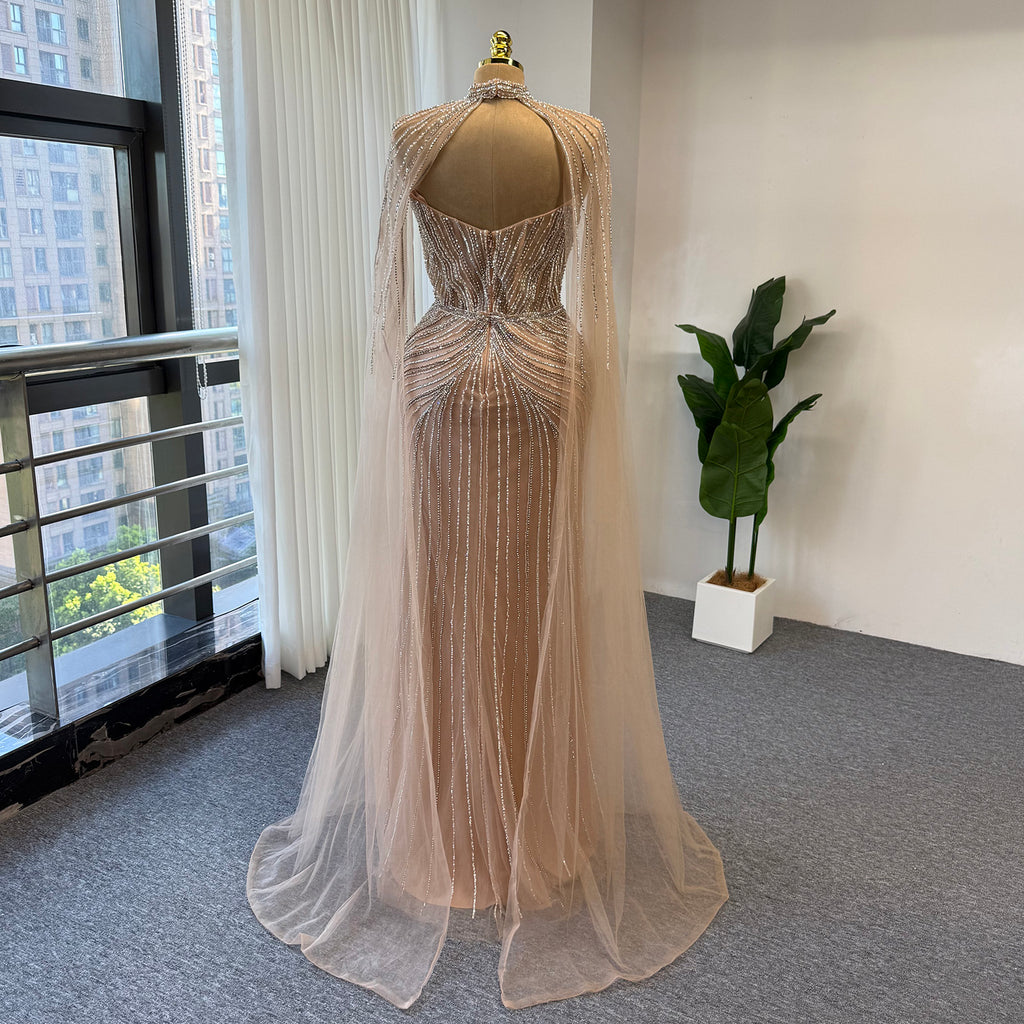 Luxury Rhinestone Mermaid Evening Dress Champagne High Neck Beaded Handmade Formal Gown With Sheer Tulle Cape For Arabic Wedding EV1802