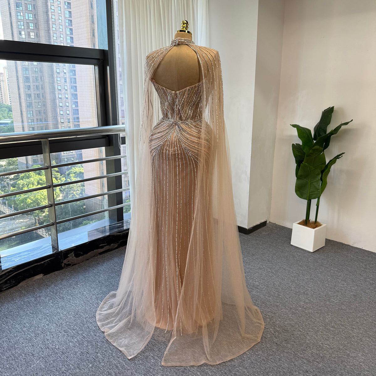 Luxury Rhinestone Mermaid Evening Dress Champagne High Neck Beaded Handmade Formal Gown With Sheer Tulle Cape For Arabic Wedding EV1802