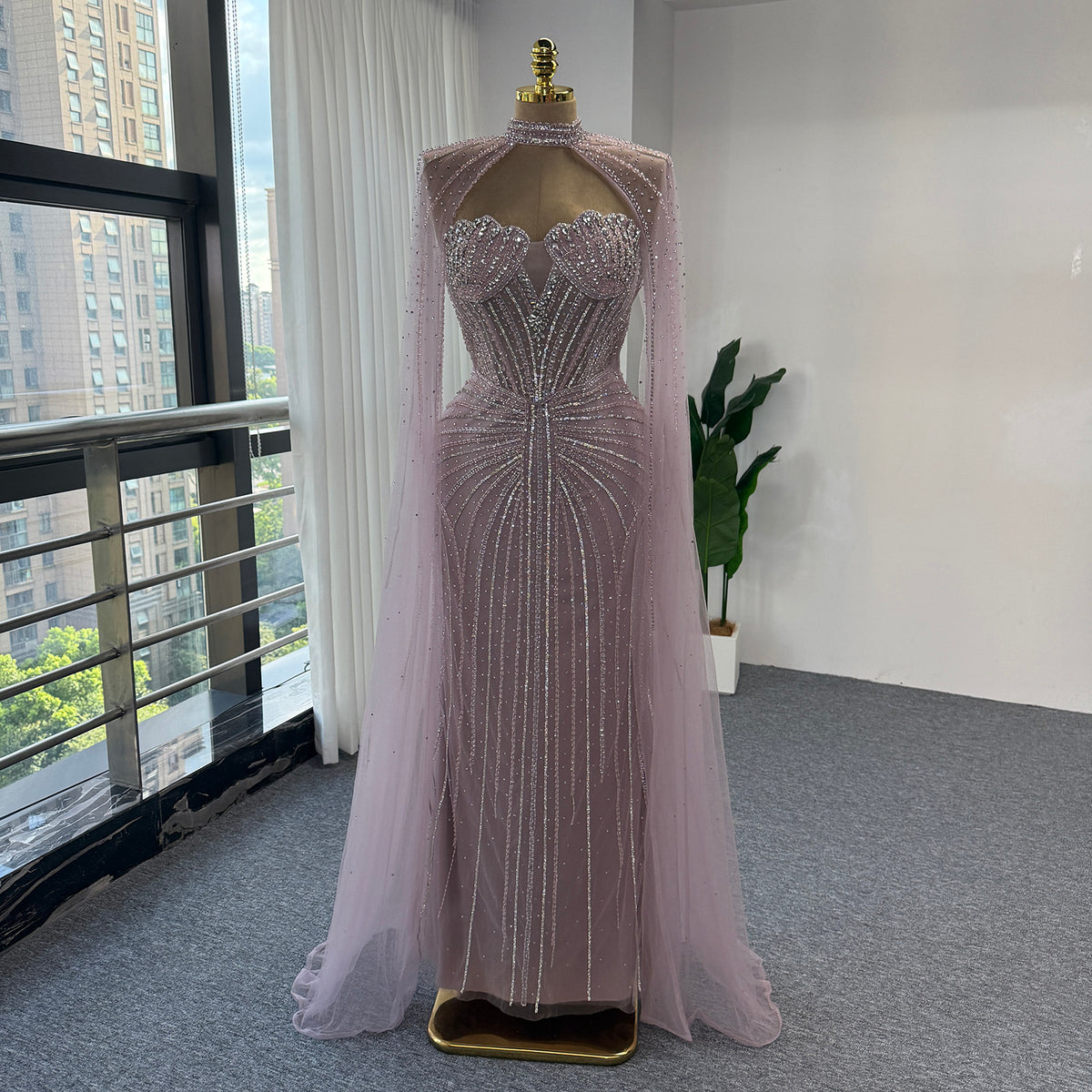 Luxury Pink Beaded Mermaid Evening Dress, High‑Neck Cutout With Sparkling Tulle Cape Sleeves Floor‑Length Formal GownEV1808