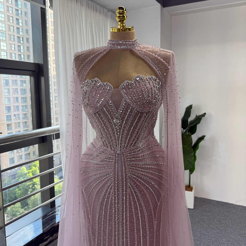 Luxury Pink Beaded Mermaid Evening Dress, High‑Neck Cutout With Sparkling Tulle Cape Sleeves Floor‑Length Formal GownEV1808