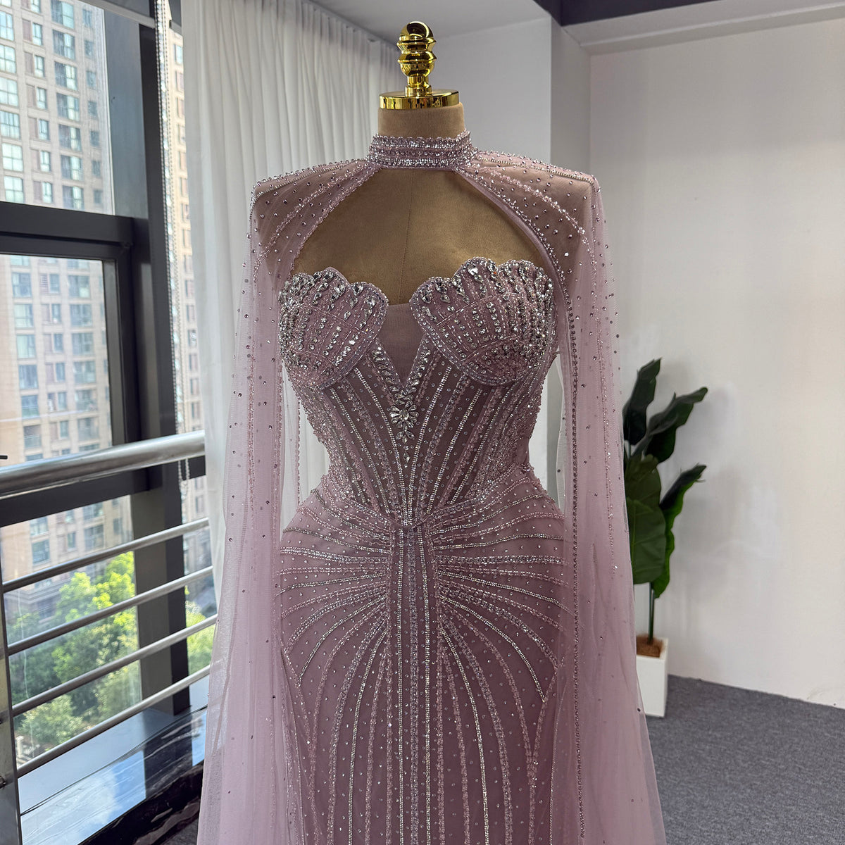 Luxury Pink Beaded Mermaid Evening Dress, High‑Neck Cutout With Sparkling Tulle Cape Sleeves Floor‑Length Formal GownEV1808