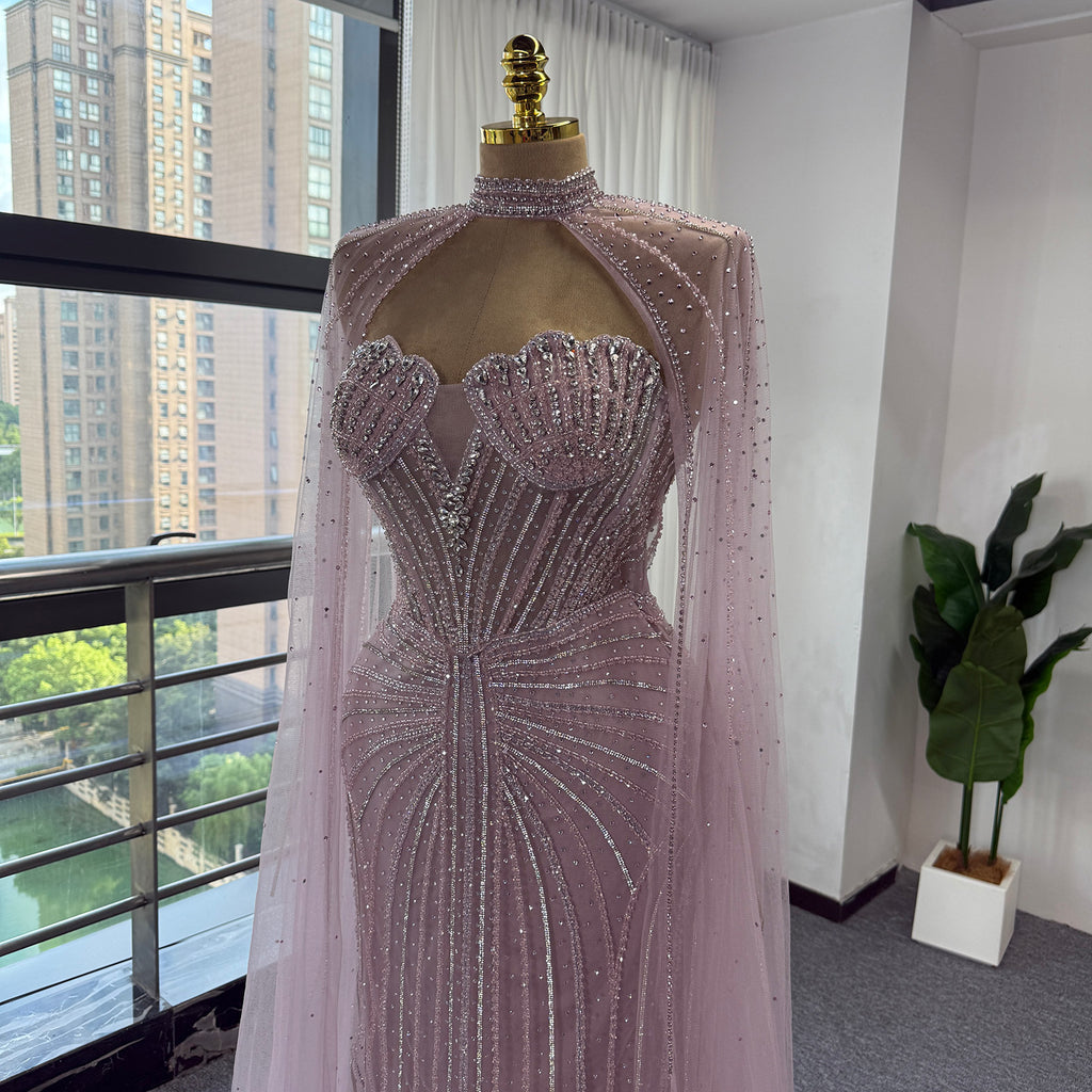 Luxury Pink Beaded Mermaid Evening Dress, High‑Neck Cutout With Sparkling Tulle Cape Sleeves Floor‑Length Formal GownEV1808