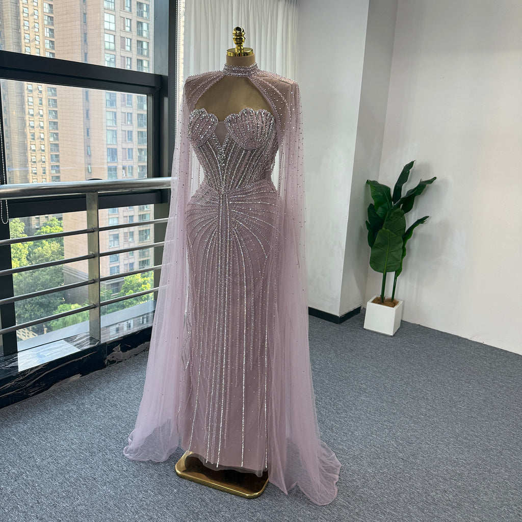 Luxury Pink Beaded Mermaid Evening Dress, High‑Neck Cutout With Sparkling Tulle Cape Sleeves Floor‑Length Formal GownEV1808