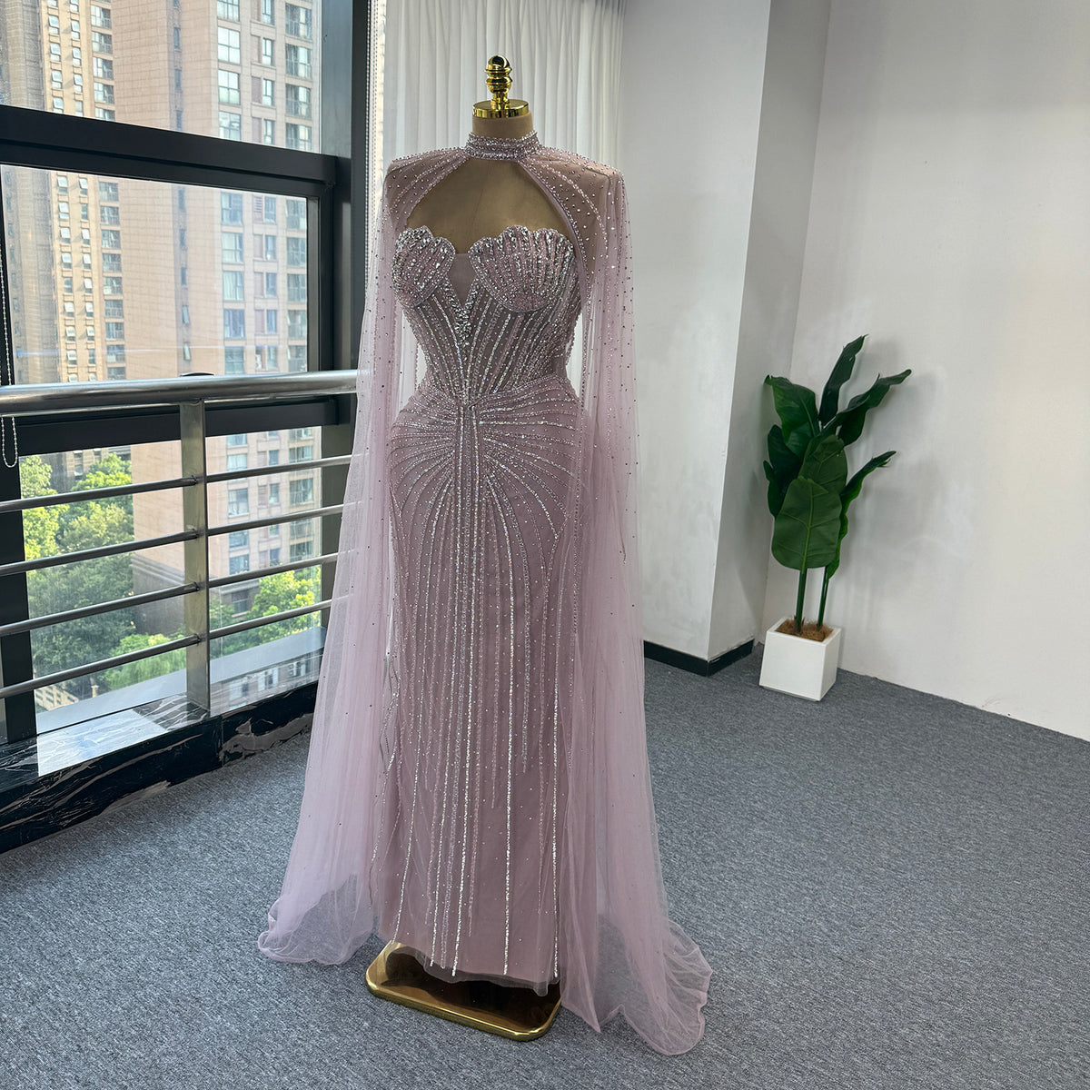 Luxury Pink Beaded Mermaid Evening Dress, High‑Neck Cutout With Sparkling Tulle Cape Sleeves Floor‑Length Formal GownEV1808
