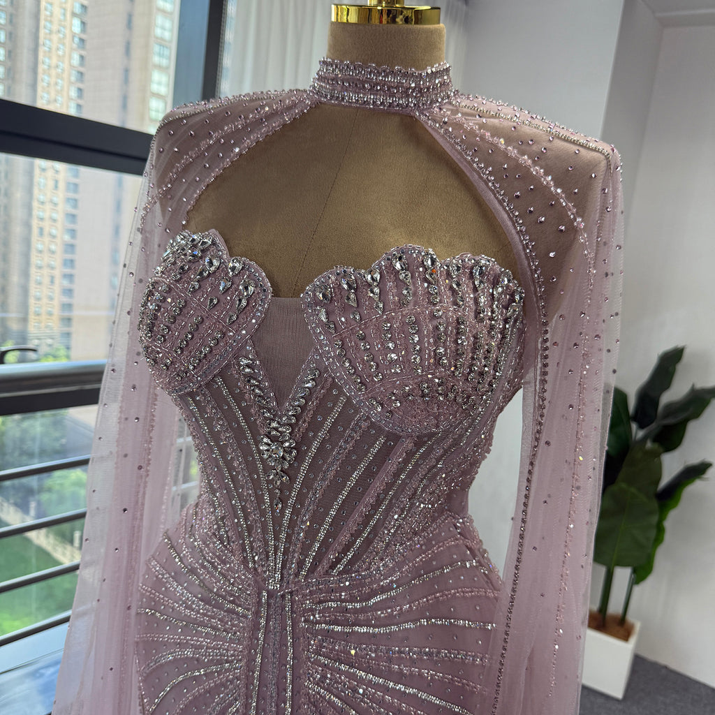 Luxury Pink Beaded Mermaid Evening Dress, High‑Neck Cutout With Sparkling Tulle Cape Sleeves Floor‑Length Formal GownEV1808