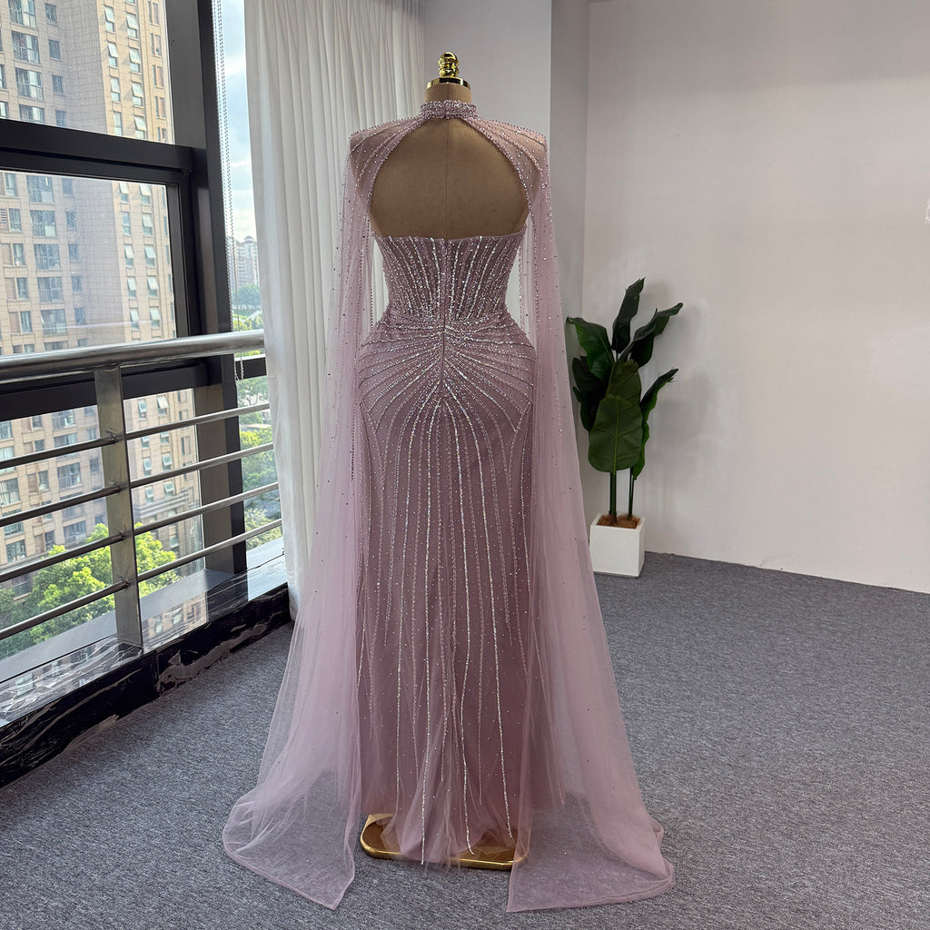 Luxury Pink Beaded Mermaid Evening Dress, High‑Neck Cutout With Sparkling Tulle Cape Sleeves Floor‑Length Formal GownEV1808
