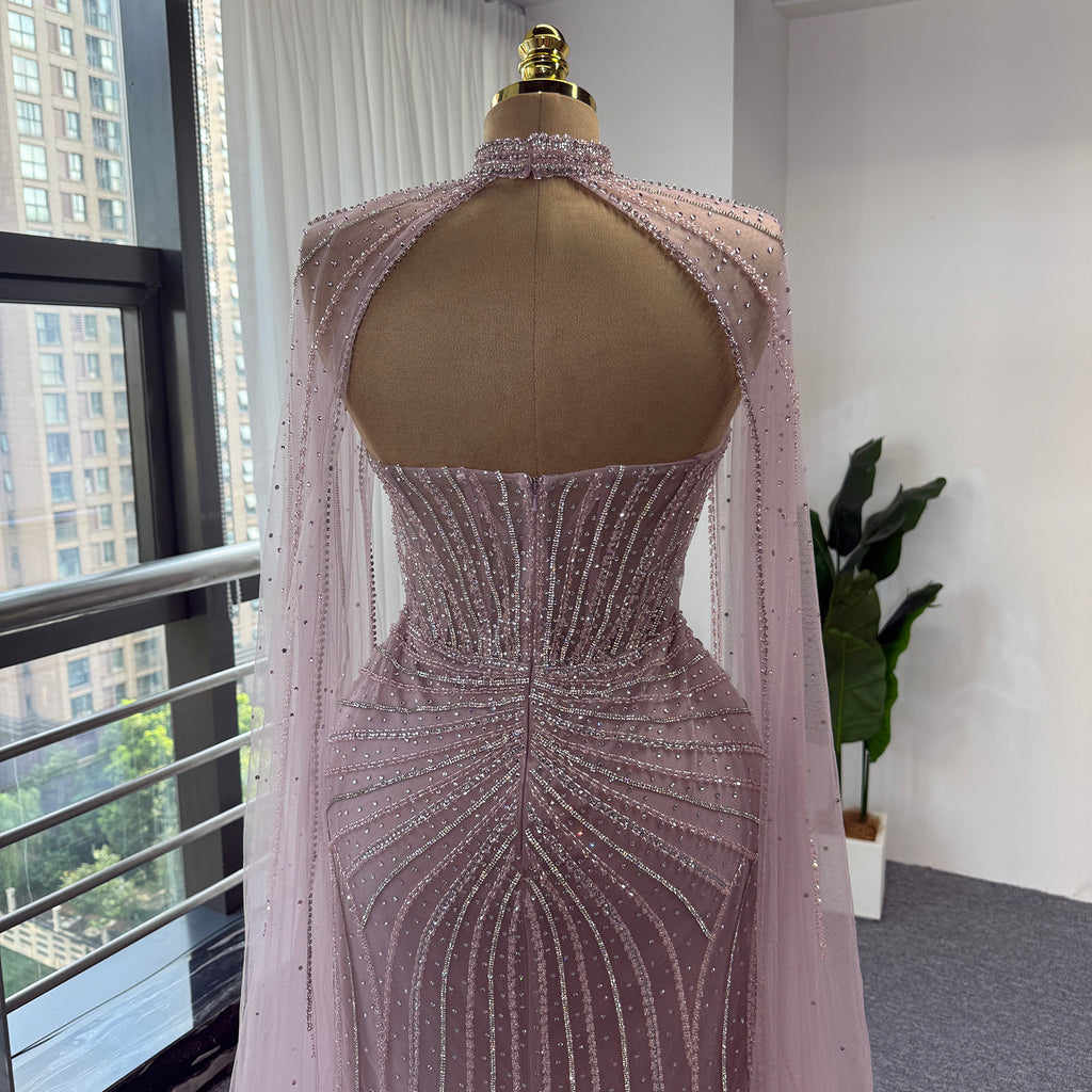 Luxury Pink Beaded Mermaid Evening Dress, High‑Neck Cutout With Sparkling Tulle Cape Sleeves Floor‑Length Formal GownEV1808