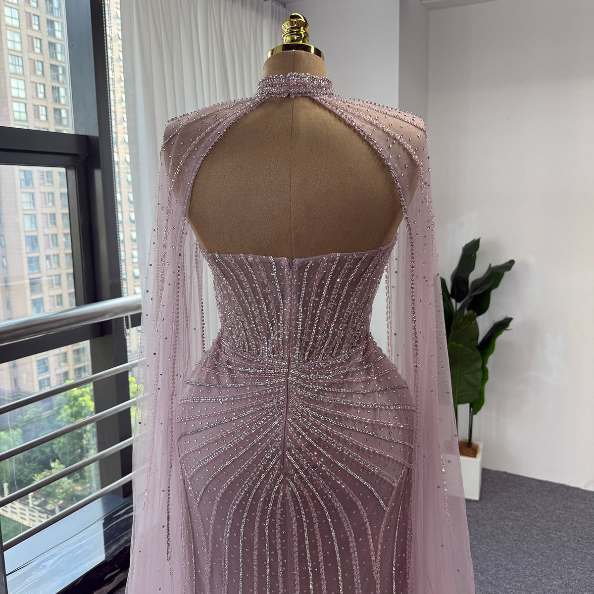 Luxury Pink Beaded Mermaid Evening Dress, High‑Neck Cutout With Sparkling Tulle Cape Sleeves Floor‑Length Formal GownEV1808