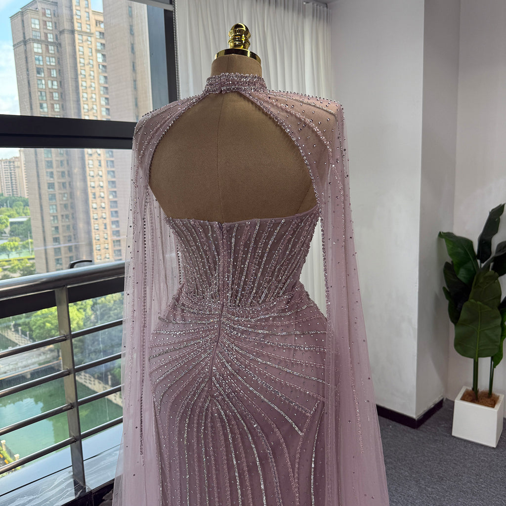 Luxury Pink Beaded Mermaid Evening Dress, High‑Neck Cutout With Sparkling Tulle Cape Sleeves Floor‑Length Formal GownEV1808