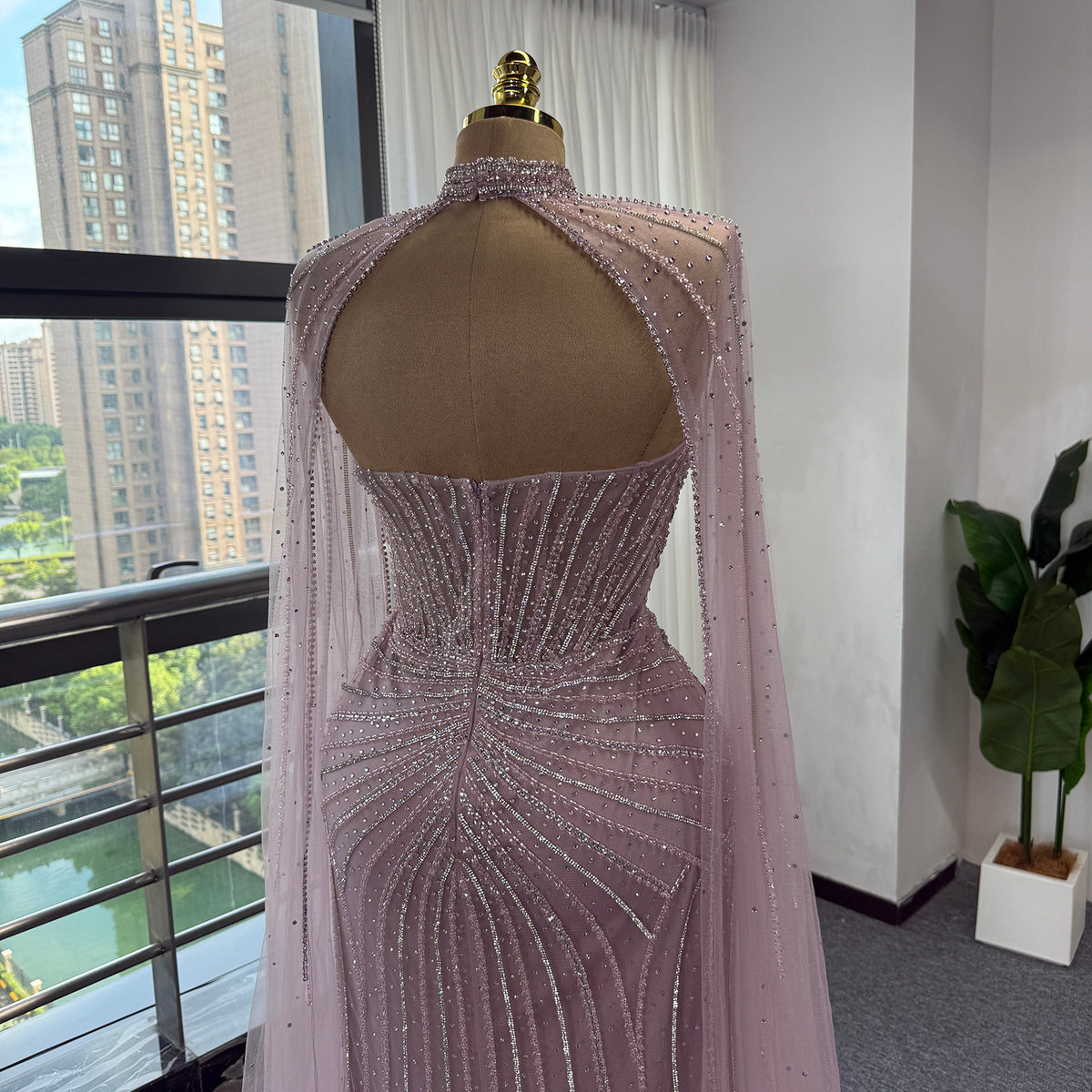 Luxury Pink Beaded Mermaid Evening Dress, High‑Neck Cutout With Sparkling Tulle Cape Sleeves Floor‑Length Formal GownEV1808