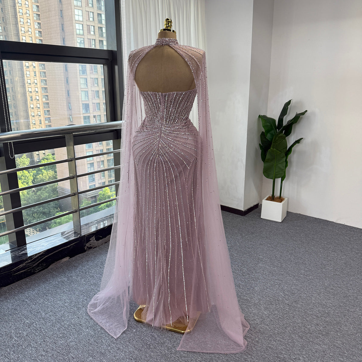 Luxury Pink Beaded Mermaid Evening Dress, High‑Neck Cutout With Sparkling Tulle Cape Sleeves Floor‑Length Formal GownEV1808
