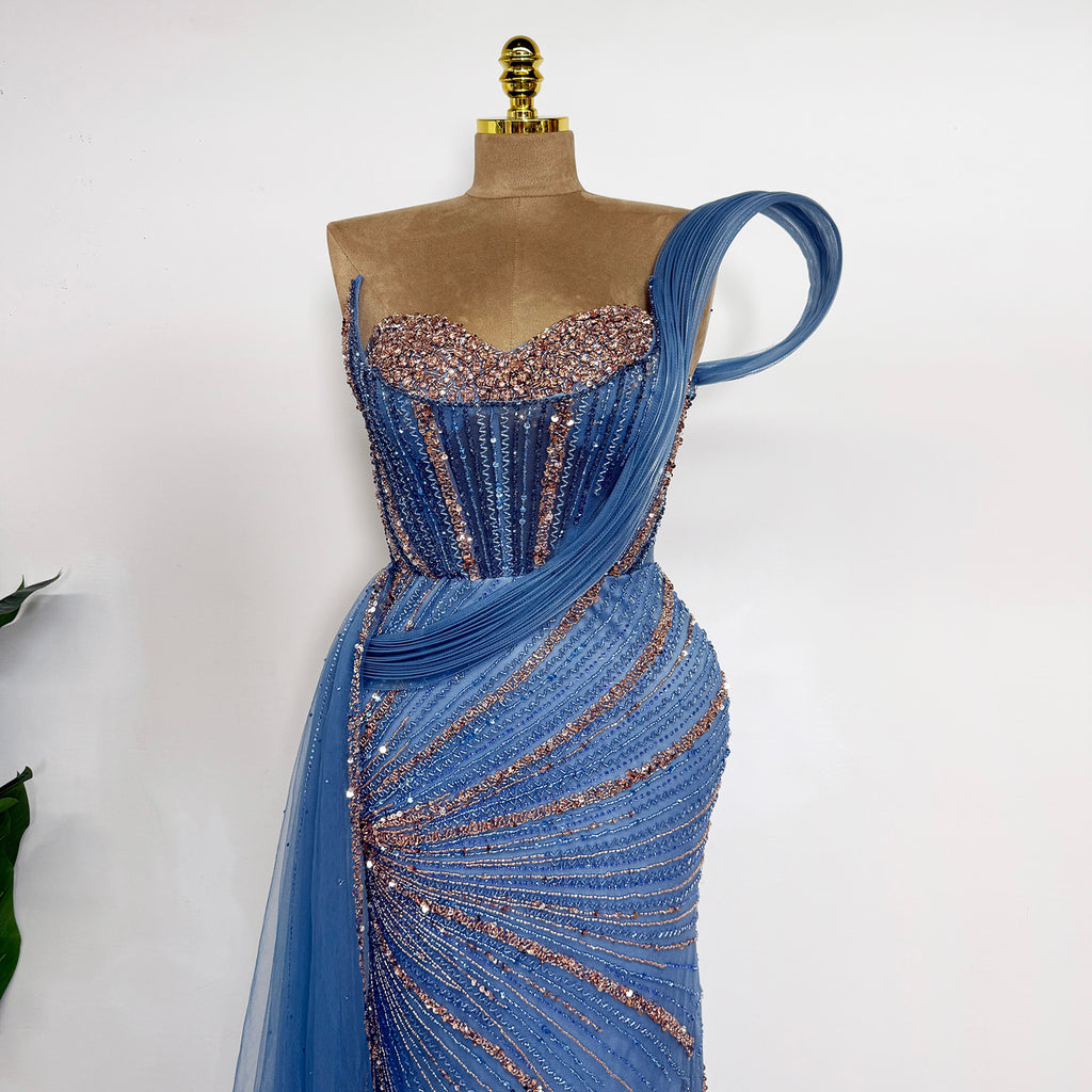 Luxury Dusty Blue Beaded Mermaid Evening Gown One Shoulder Tulle Overskirt Formal Prom Dress EV1727