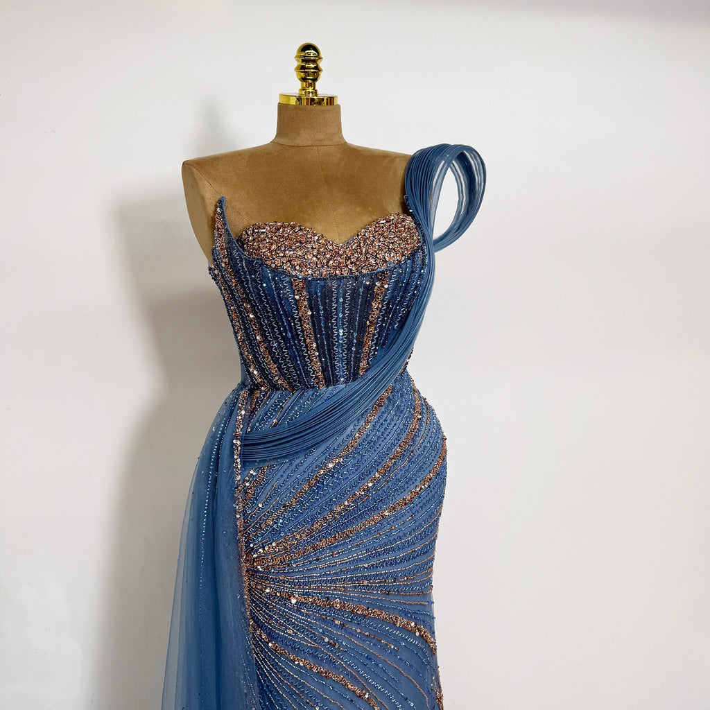 Luxury Dusty Blue Beaded Mermaid Evening Gown One Shoulder Tulle Overskirt Formal Prom Dress EV1727