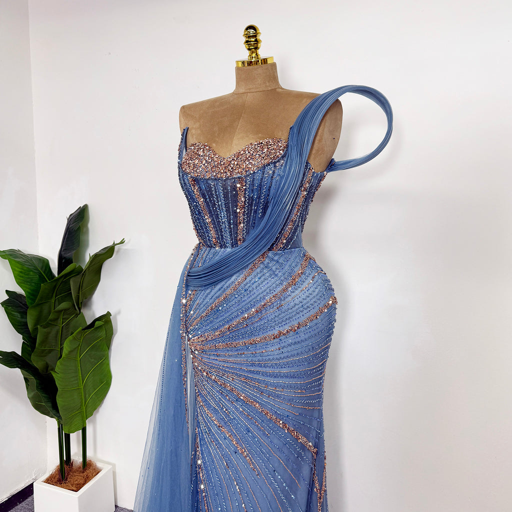 Luxury Dusty Blue Beaded Mermaid Evening Gown One Shoulder Tulle Overskirt Formal Prom Dress EV1727