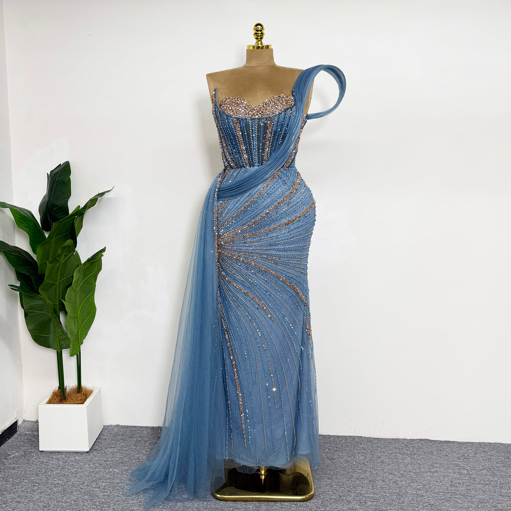 Luxury Dusty Blue Beaded Mermaid Evening Gown One Shoulder Tulle Overskirt Formal Prom Dress EV1727