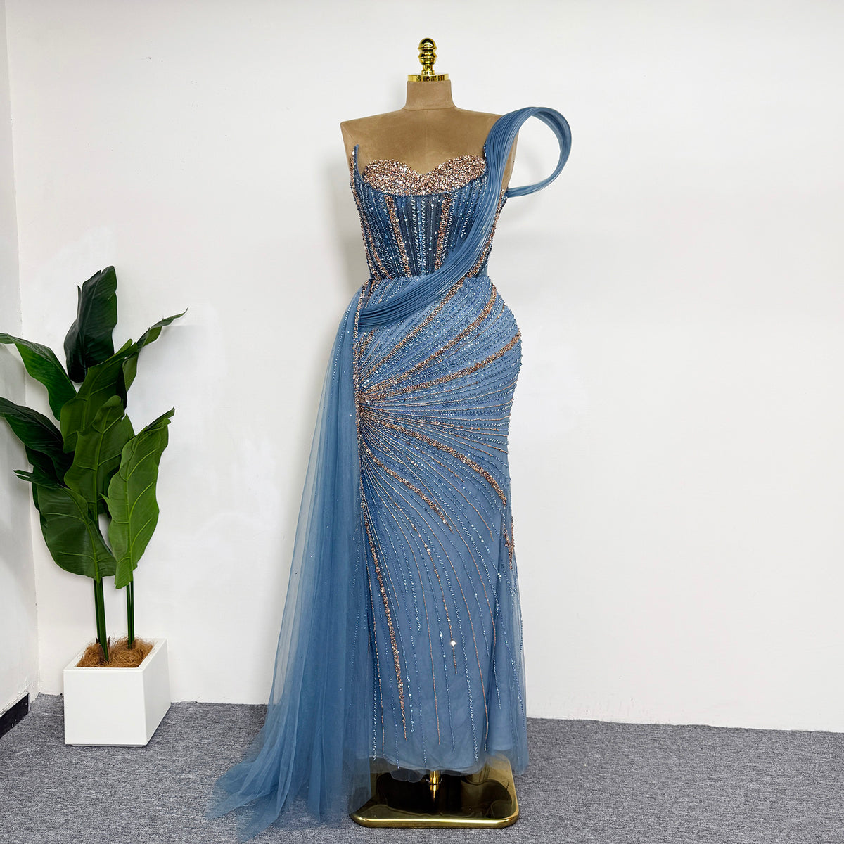 Luxury Dusty Blue Beaded Mermaid Evening Gown One Shoulder Tulle Overskirt Formal Prom Dress EV1727