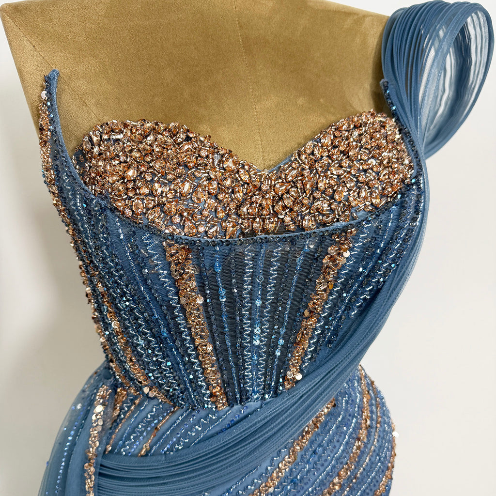 Luxury Dusty Blue Beaded Mermaid Evening Gown One Shoulder Tulle Overskirt Formal Prom Dress EV1727